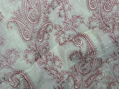 100% Linen  Kashmiri Embroidery available in 3 colors ivory with pink paisleys ,camel with navy paisley and ivory with beige paisley