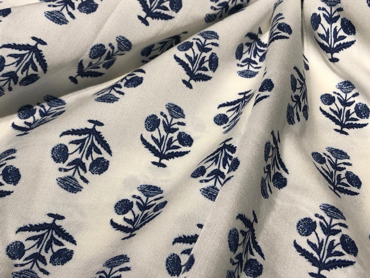 TENCEL Twill ivory with navy flower motif  Printed Fabric ~ 58&quot; wide [17293]