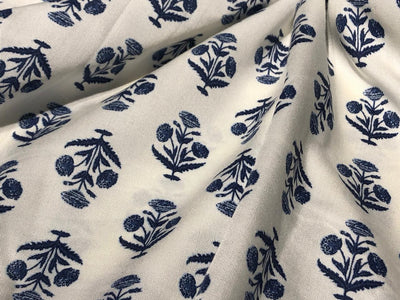 TENCEL Twill ivory with navy flower motif  Printed Fabric ~ 58&quot; wide [17293]