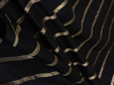 100% Silk Brocade in raw silk fabric available in 2 colors black and peacock blue with gold metallic stripe 44" wide BRO1070[3/4]
