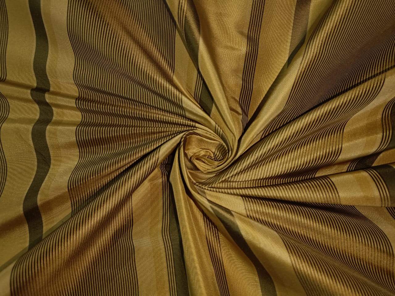 100% Silk Taffeta Fabric Blackish Green &amp; Gold stripes 54" wide TAF#S75