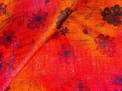 100% silk Dupion fabric redish orange with black floral print 40" wide SLUBS DUPPRT41[1]