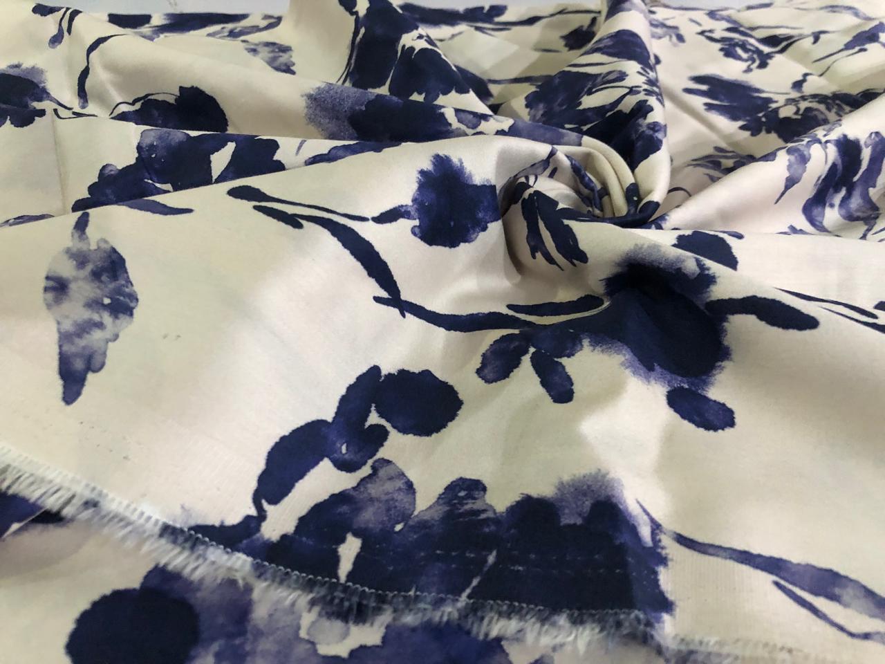 100% COTTON SATIN ivory with ink blue flowers [17223]