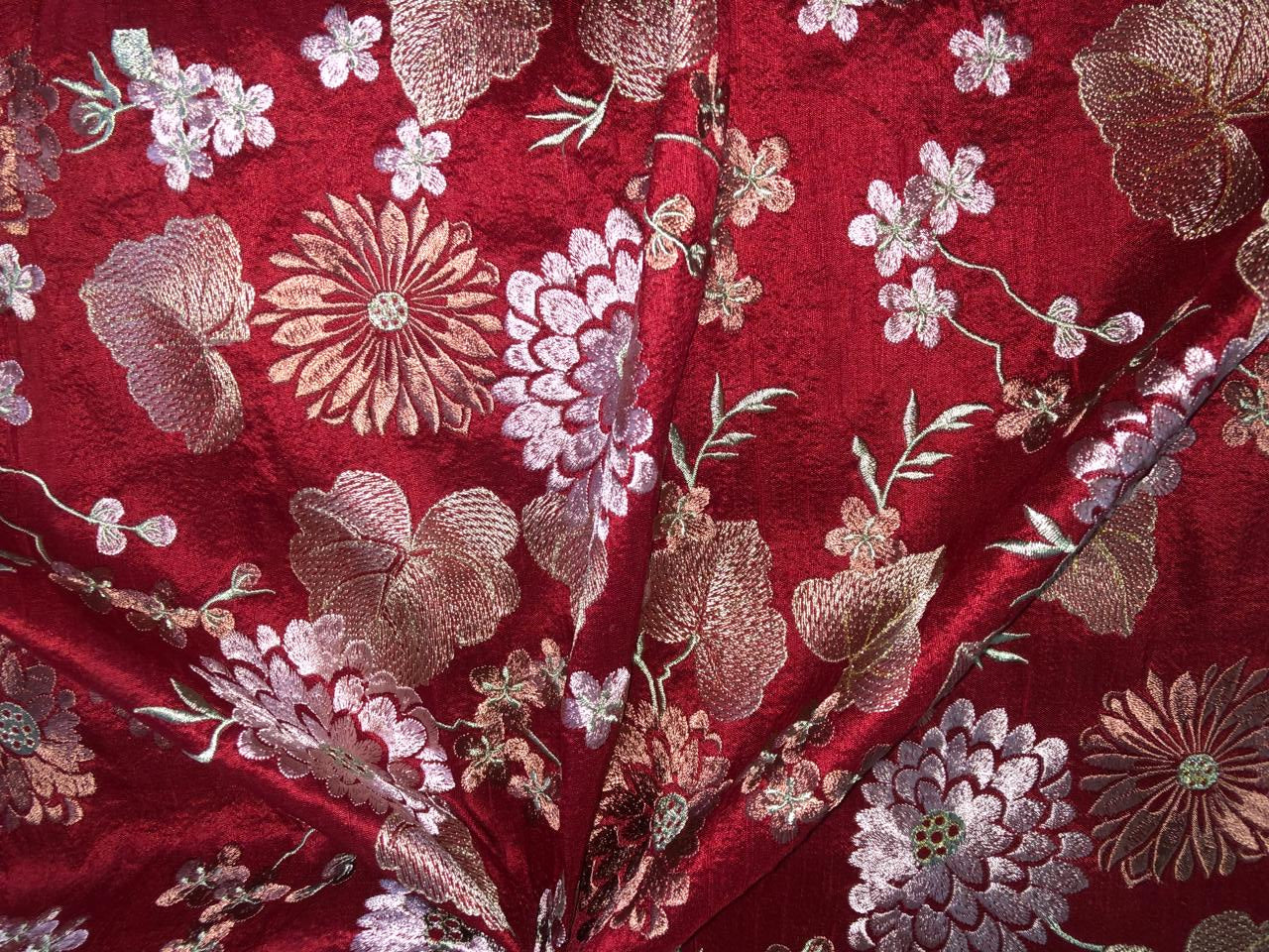 100% Silk dupioni EMBROIDERY 44" WIDE red color with pink and green floral embroidery and subtle metallic gold DUPE70