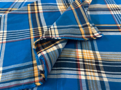 COTTON SHIRTING FABRIC-58" WIDE available in 3 styles multi blue plaids/blue pin stripes and grey stripes