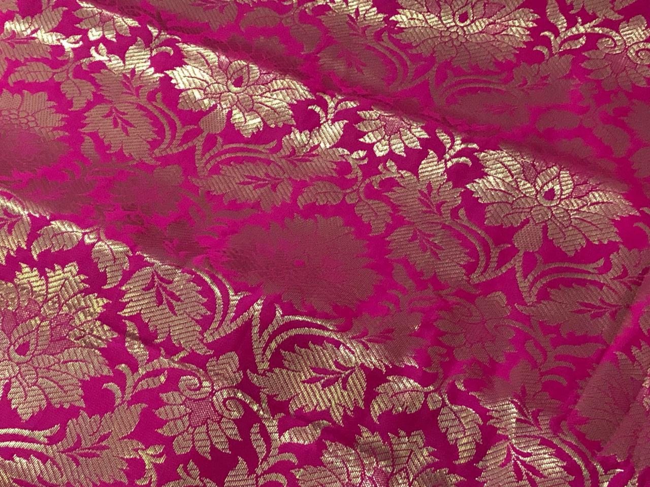 Silk Brocade fabric bright pink with white gold floral jacquard 44" BRO1063[1]