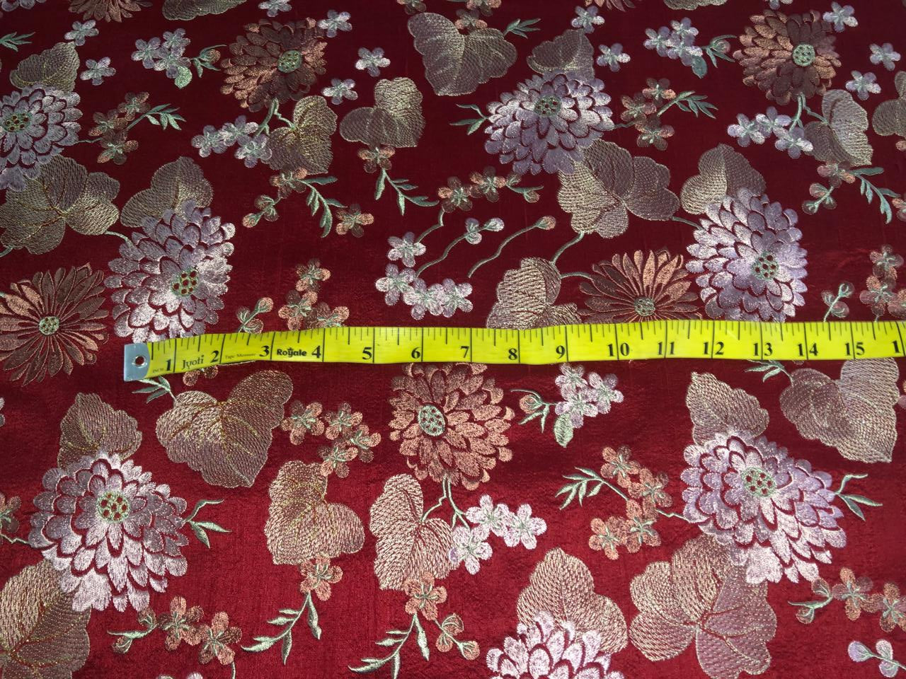 100% Silk dupioni EMBROIDERY 44" WIDE red color with pink and green floral embroidery and subtle metallic gold DUPE70