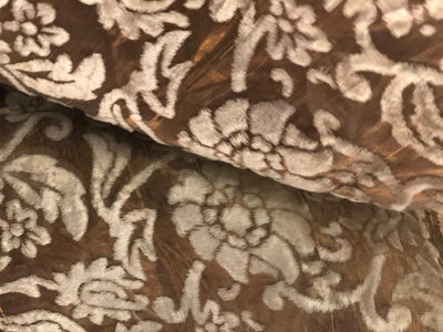 White Devore Viscose Burnout Velvet fabric 44" wide antique gold available in 2 designs floral & swirl motifs [18313/14]
