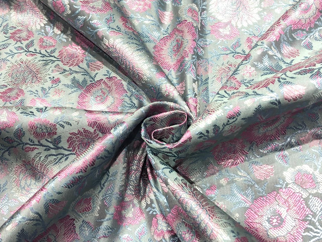 Silk Brocade fabric 44"  green sheen, silver ,blue and pink floral  jacquard BRO1050[1]