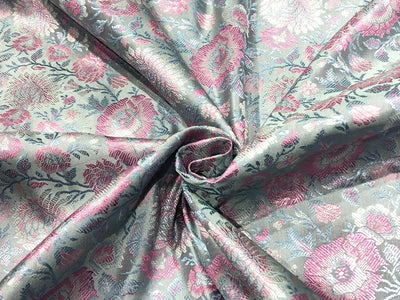 Silk Brocade fabric 44"  green sheen, silver ,blue and pink floral  jacquard BRO1050[1]
