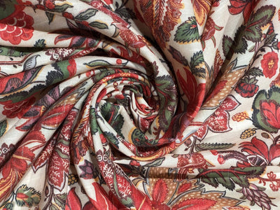 Viscose Linen 20% 80% Spun digital print available in 2 designs cream with red green and grey floral and green and beige floral print [17603/04]