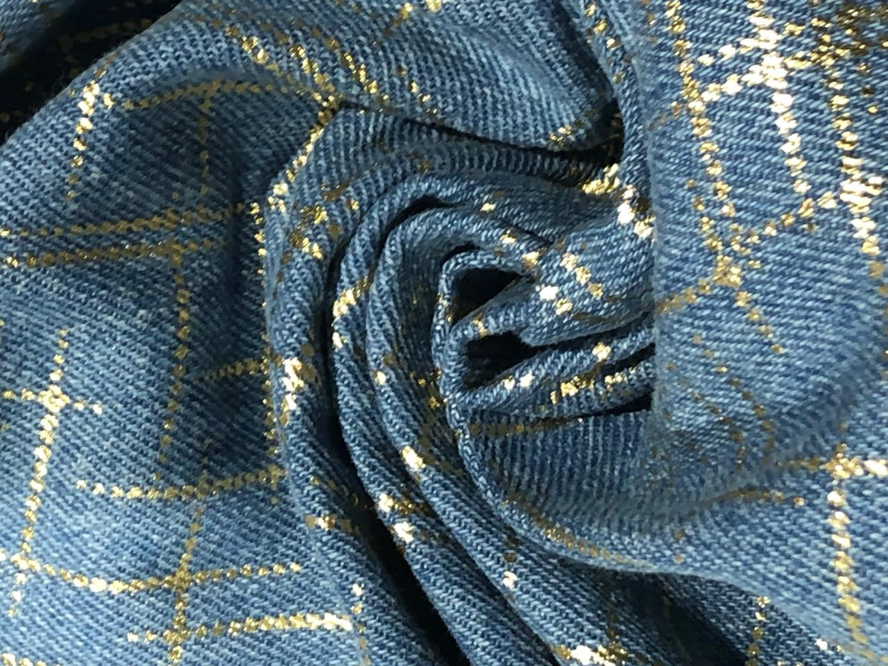 100% Cotton Denim Fabric with foil print 58" wide available in 3 colors light dusty greenm, light blue and darker blue[17720/21/22]