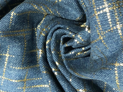 100% Cotton Denim Fabric with foil print 58" wide available in 3 colors light dusty greenm, light blue and darker blue[17720/21/22]