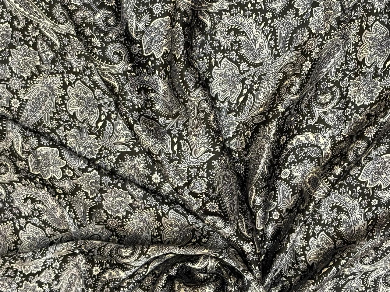 100% Pure Silk 80 grams satin printed 44"wide fabric black and white paisley print  [18430]