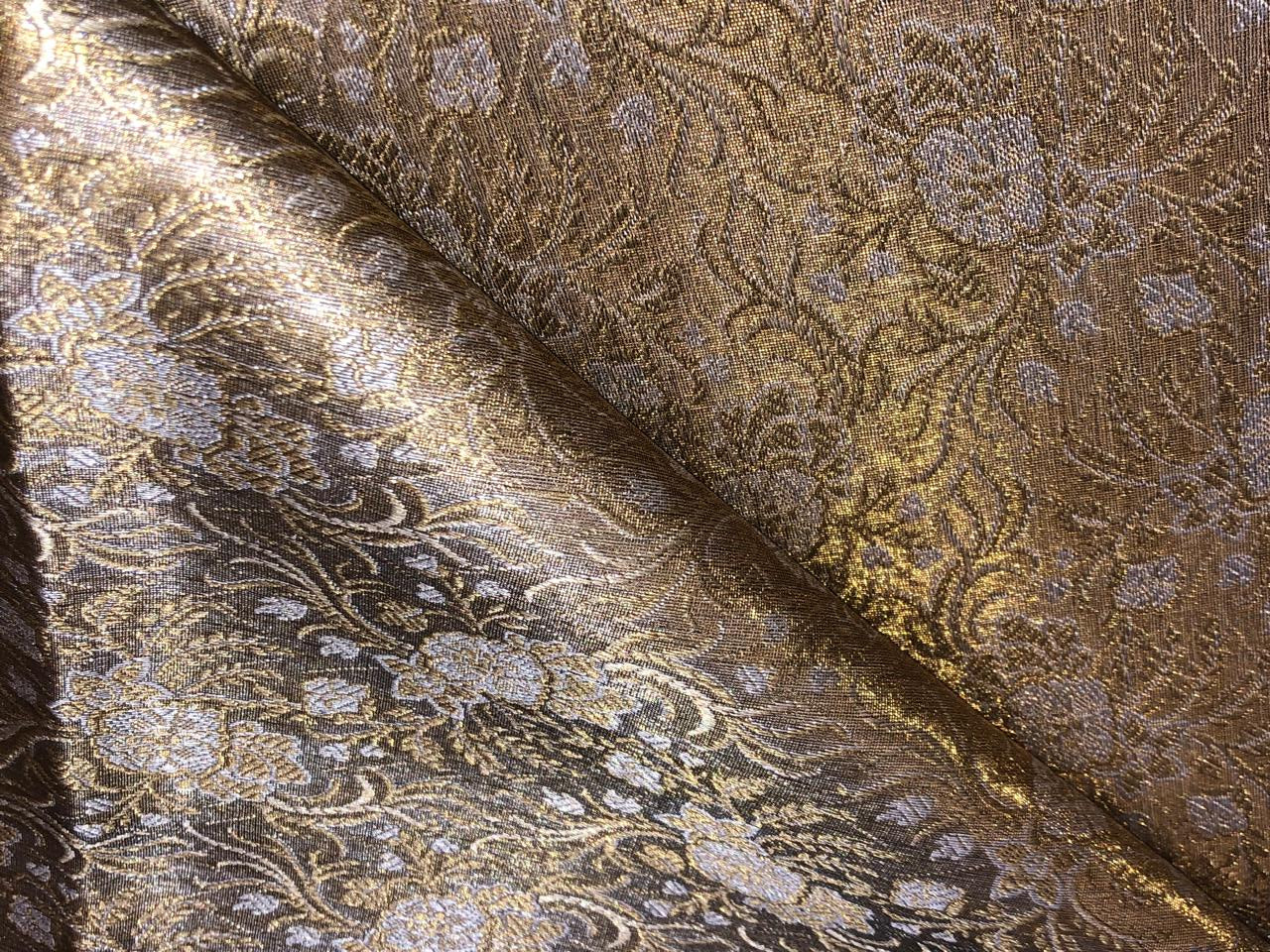 Silk Brocade fabric old gold and silver white floral jacquard  BRO1080[1]