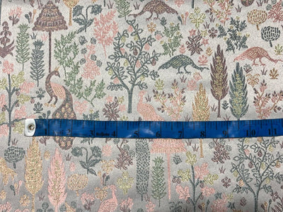 Silk Brocade fabric  jacquard with with subtle embroidery with subtle shimmer 54"silver grey, pink, and green peacocks BRO1034[3]