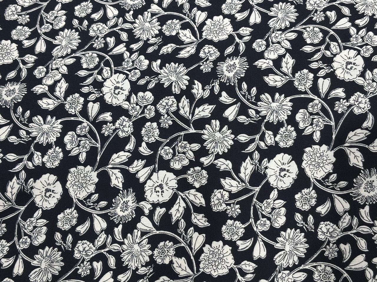 100% Cotton Poplin black , ivory floral print 56" wide [18266]