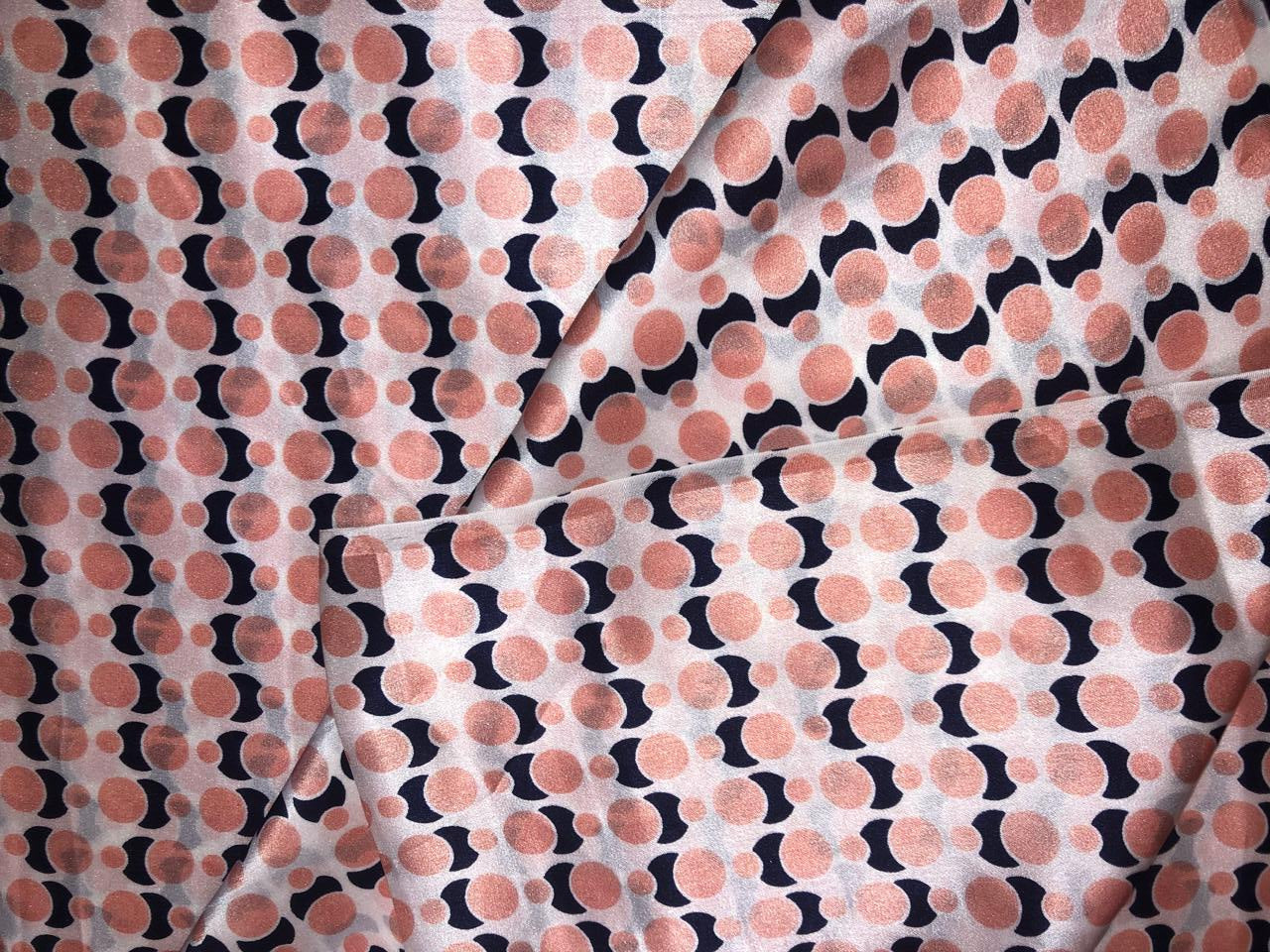 100% Pure Silk Satin 80 grams ivory  with peach and black  abstract print 54"Wide Fabric [18289]
