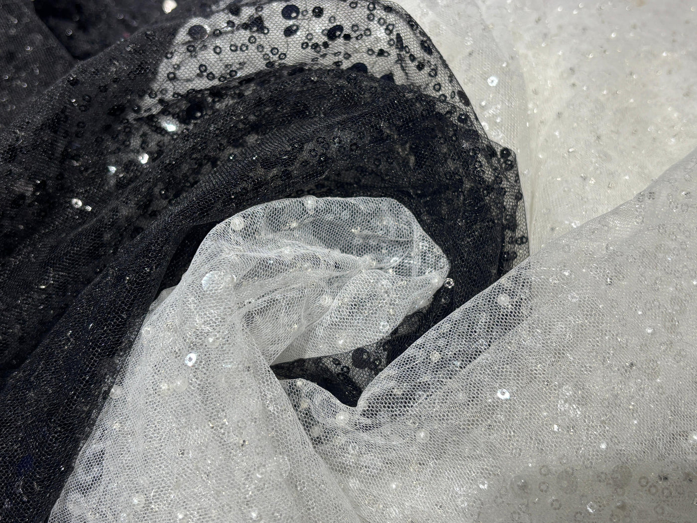 NET fabric  With self color  sequins and  pearls available in 2 colors black and white [17760/61]