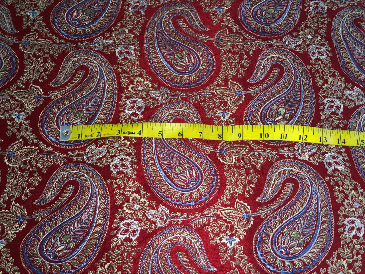 100% Silk dupioni EMBROIDERY 44" WIDE red color with blue paisley embroidery DUPE71