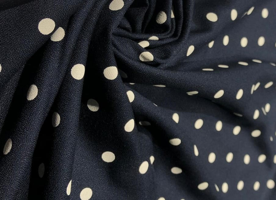 Viscose Moss Crepe navy color with white polka dot print 58&quot; wide &quot; [17558]