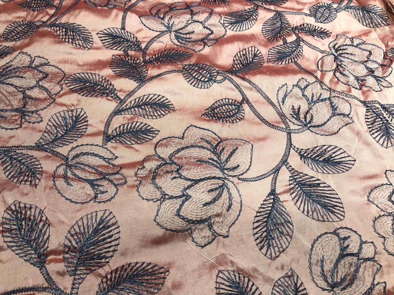 100% Silk dupioni peach with grey and brown floral [17232]