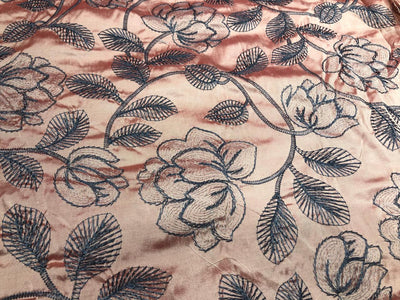 100% Silk dupioni peach with grey and brown floral [17232]