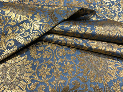 Silk Brocade fabric slate blue with metallic gold   jacquard  BRO1024[4]