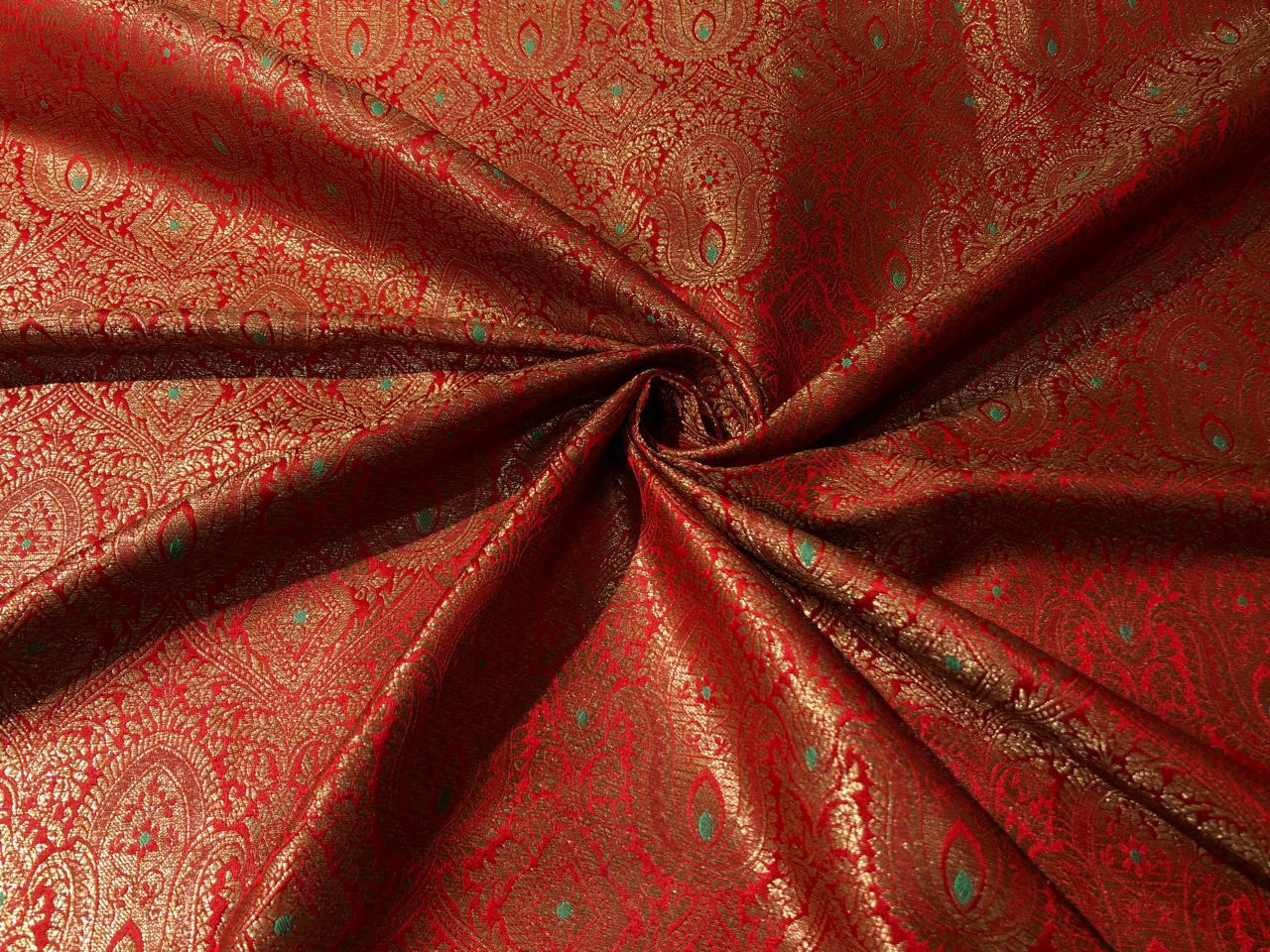 Silk Brocade Fabric RED /GREEN X ANTIQUE metallic gold Color 44" wide BRO949[5A]