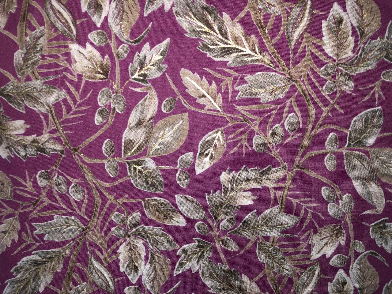 Premium Viscose Rayon fabric with foil print LEAFY VINES 58" wide available in TWO  colors WINE DEREK AND GREY