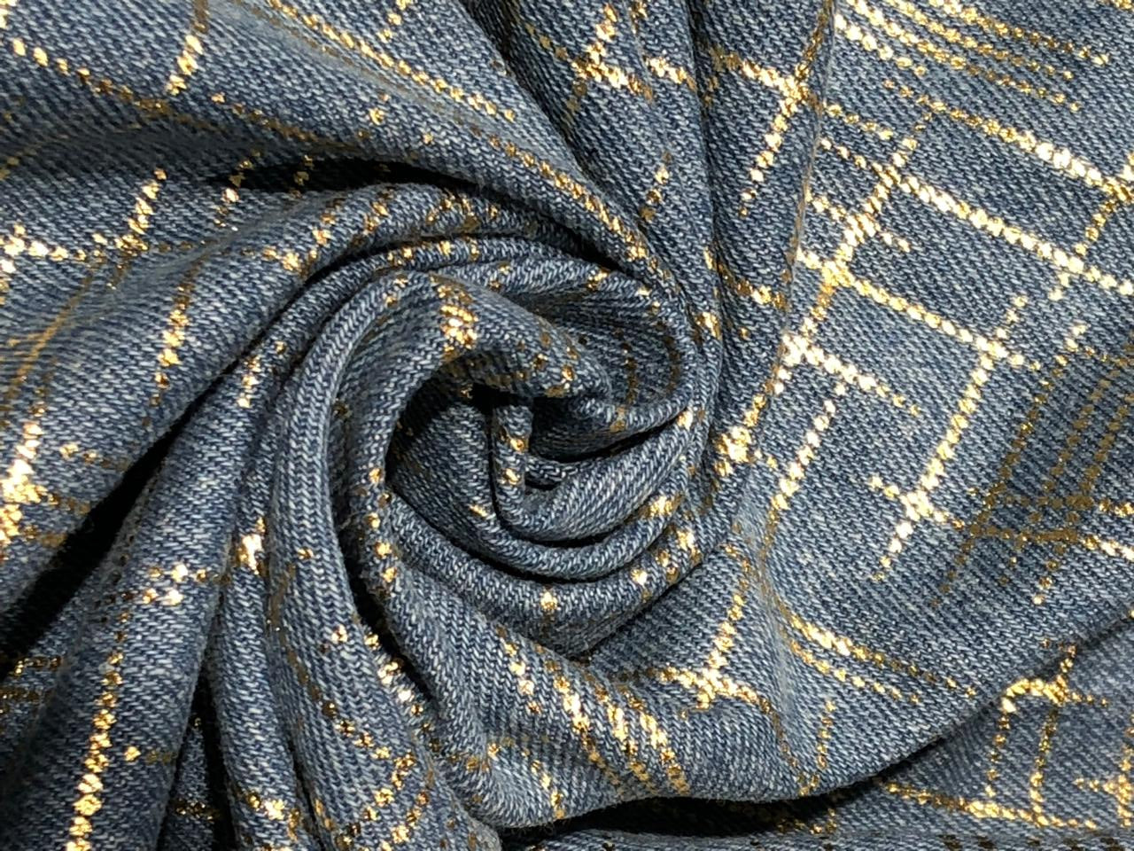 100% Cotton Denim Fabric with foil print 58" wide available in 3 colors light dusty greenm, light blue and darker blue[17720/21/22]