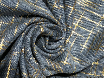 100% Cotton Denim Fabric with foil print 58" wide available in 3 colors light dusty greenm, light blue and darker blue[17720/21/22]