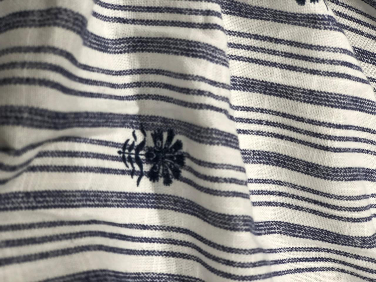 100% Linen stripe fabric [navy /white stripes]with navy color floral motif embroidery [17707]