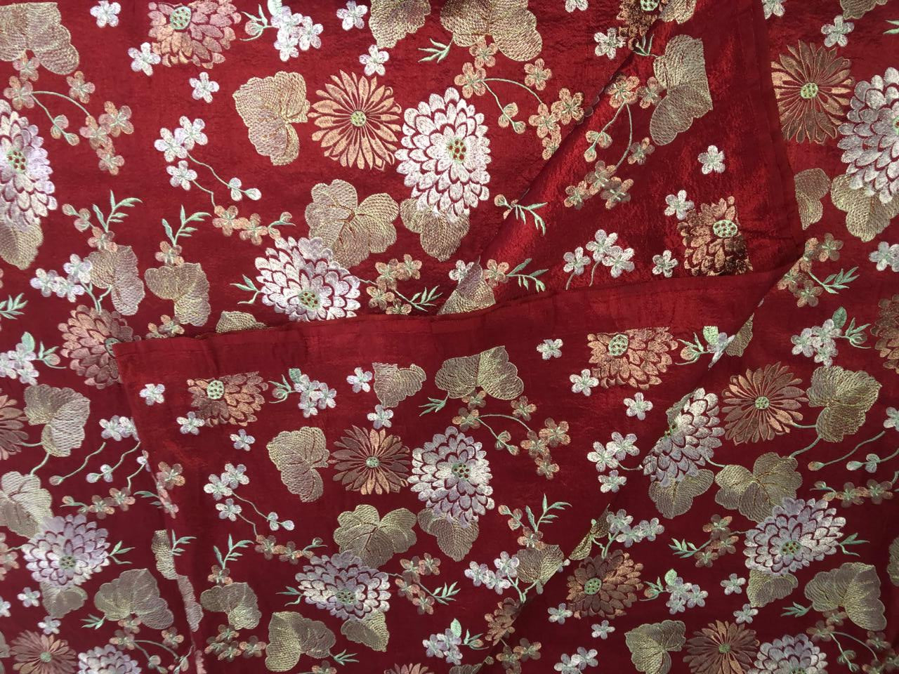 100% Silk dupioni EMBROIDERY 44" WIDE red color with pink and green floral embroidery and subtle metallic gold DUPE70