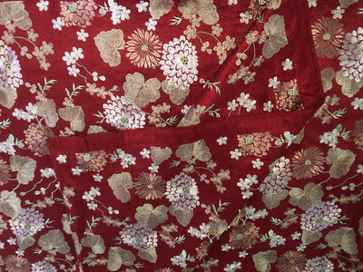 100% Silk dupioni EMBROIDERY 44" WIDE red color with pink and green floral embroidery and subtle metallic gold DUPE70