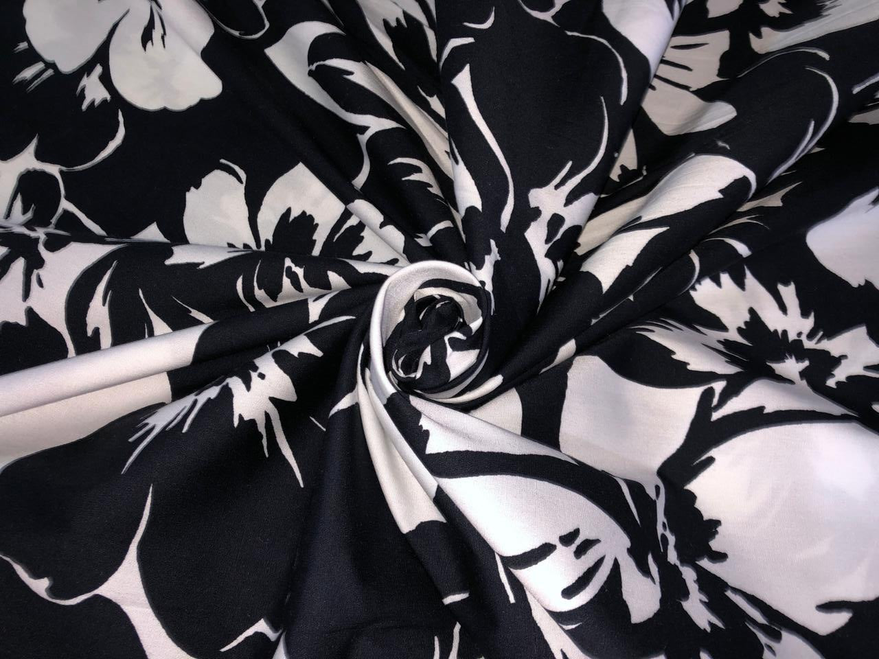 100% Cotton Poplin lycra Floral Print black and white 44" wide [16163]