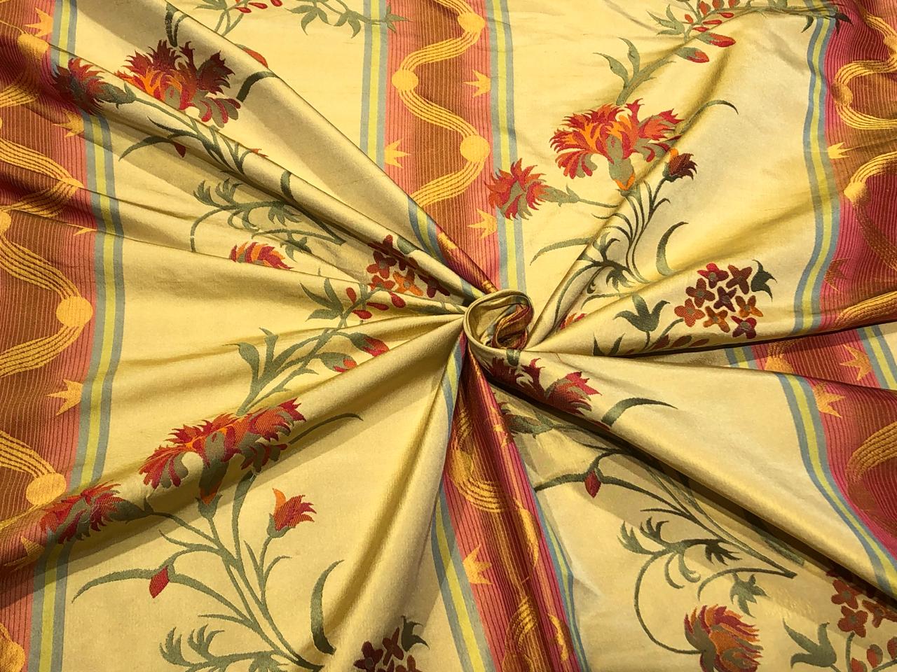 100% Silk Taffeta Jacquard Fabric golden brown  with red orange floral jacquard and stripes  54" wide TAFJACNEW24
