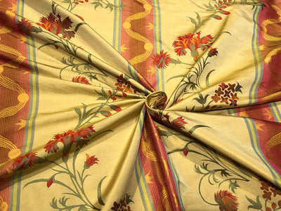 100% Silk Taffeta Jacquard Fabric golden brown  with red orange floral jacquard and stripes  54" wide TAFJACNEW24