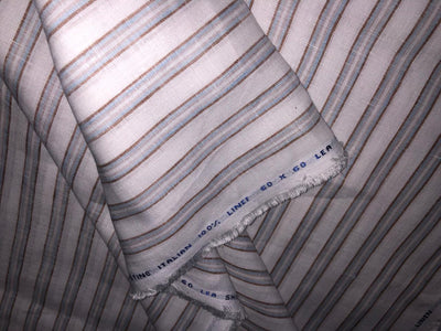 100% Linen stripe 60's Lea Fabric 58" wide ivory/powder blue and light brown color stripes