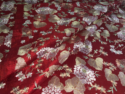 100% Silk dupioni EMBROIDERY 44" WIDE red color with pink and green floral embroidery and subtle metallic gold DUPE70