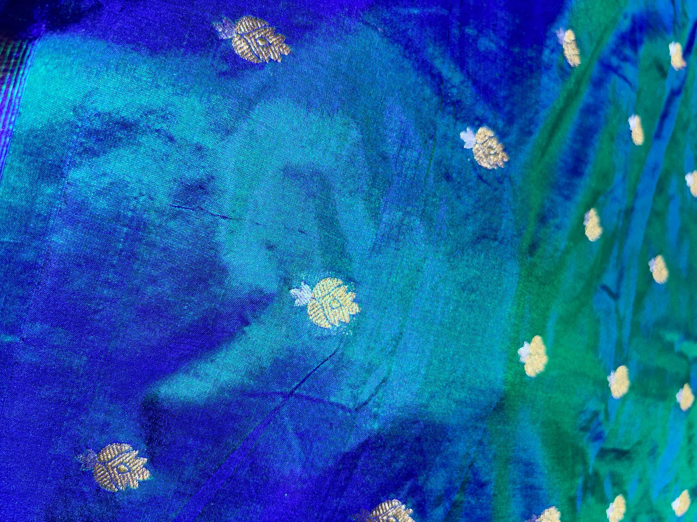 100% PURE Silk Brocade fabric 44" wide BLUE X GREEN [KINGFISHER BLUE]2 tone with small metallic gold ,silver motifs BRO914[6]