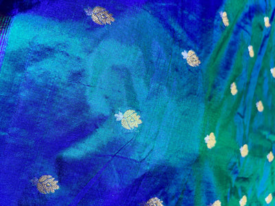 100% PURE Silk Brocade fabric 44" wide BLUE X GREEN [KINGFISHER BLUE]2 tone with small metallic gold ,silver motifs BRO914[6]