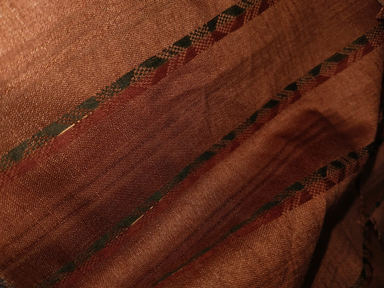 100% SILK FABRIC TUSSAR with mettalic bronze lurex stripe available in two colors brown and dusty navy