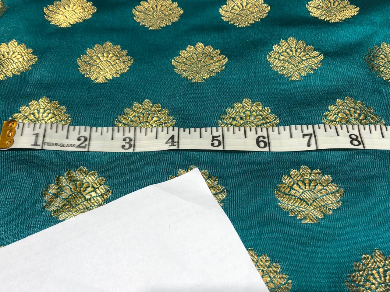 Silk Brocade fabric with Metallic gold motif Jacquard  44" wide BRO928 available in 4 colors DARK BOTTLE GREEN/ GREEN/ GOLDEN BEIGE and BLUE