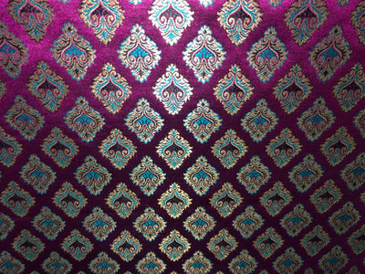 Silk Brocade fabric 44" magenta with teal and  gold metallic jacquard  motif BRO1056[1]