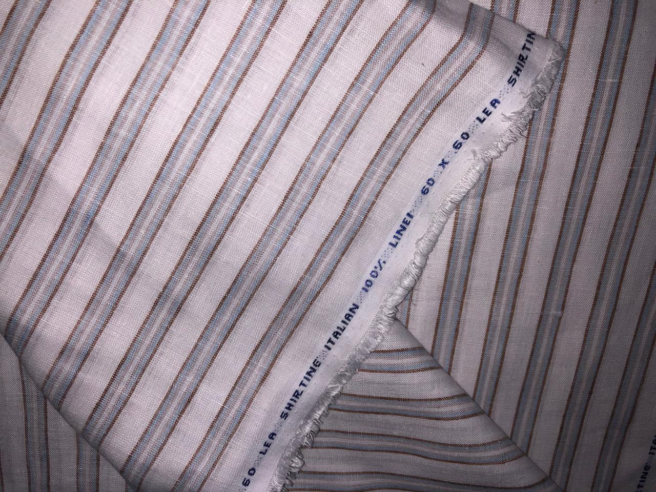 100% Linen stripe 60's Lea Fabric 58" wide ivory/powder blue and light brown color stripes