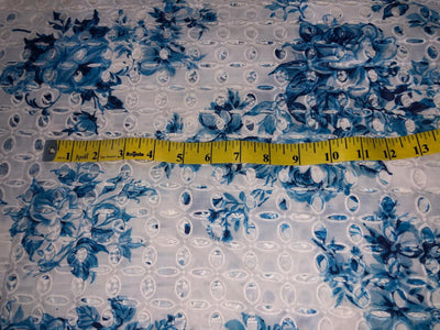 100% Cotton white with blue floral printed and hakoba embroidered fabric  58 inches wide 147 cms. [17303]