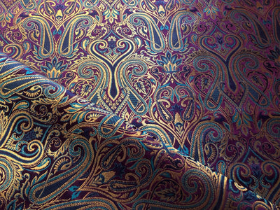 Silk Brocade fabric gold jacquard paisleys available in 3 colors magenta/teal ,deep purple/teal and peach/green/red BRO1102