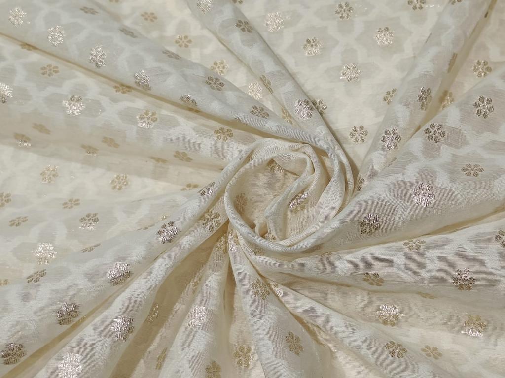 100% Pure cotton brocade FABRIC IVORY and gold metallic MOTIF jacquard COLOR 44" wide BRO882[4]