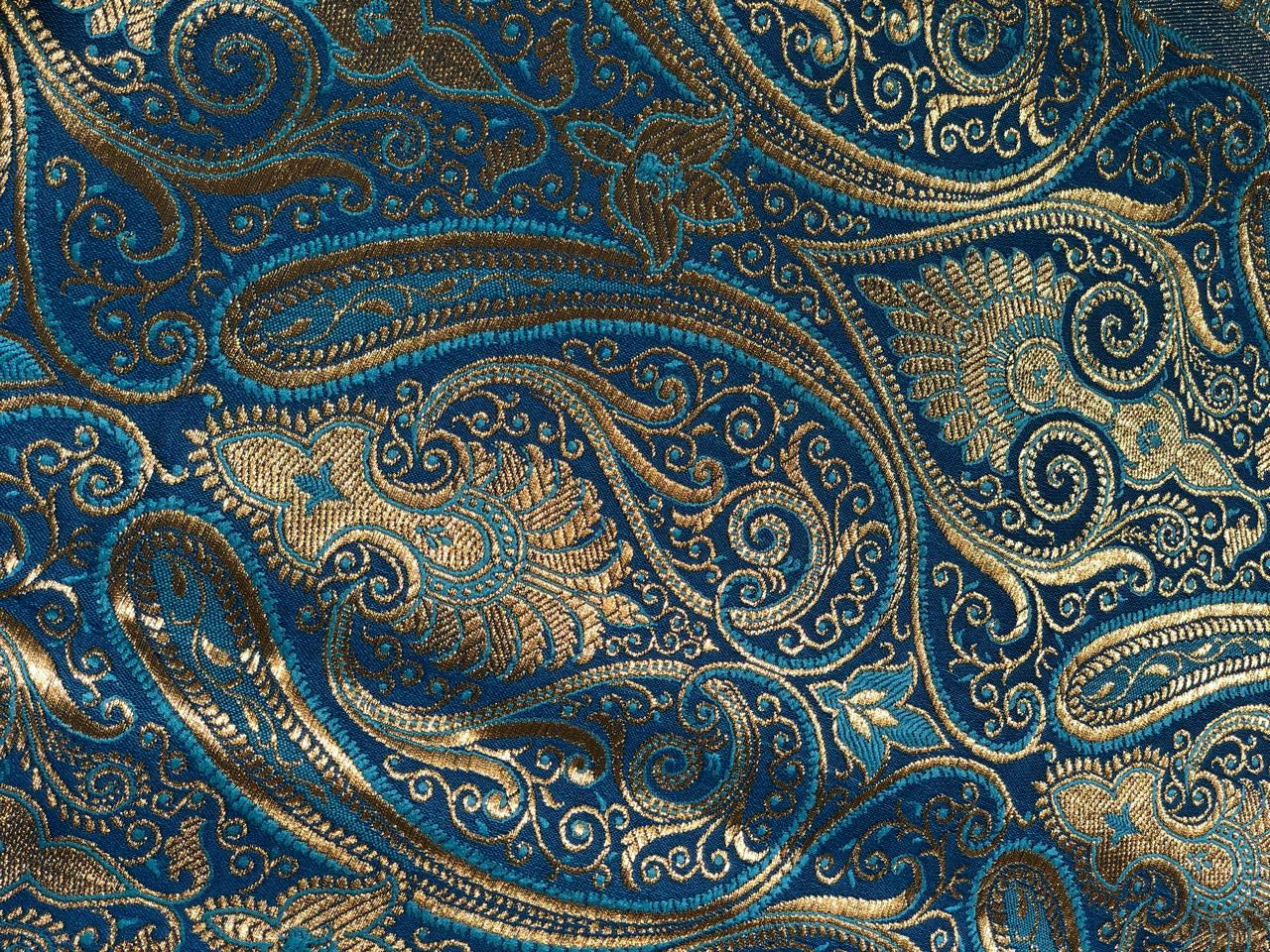 Silk Brocade fabric 44" paisley metallic gold  jacquard available in 2 colors bright orange and turquoise blue  BRO1049